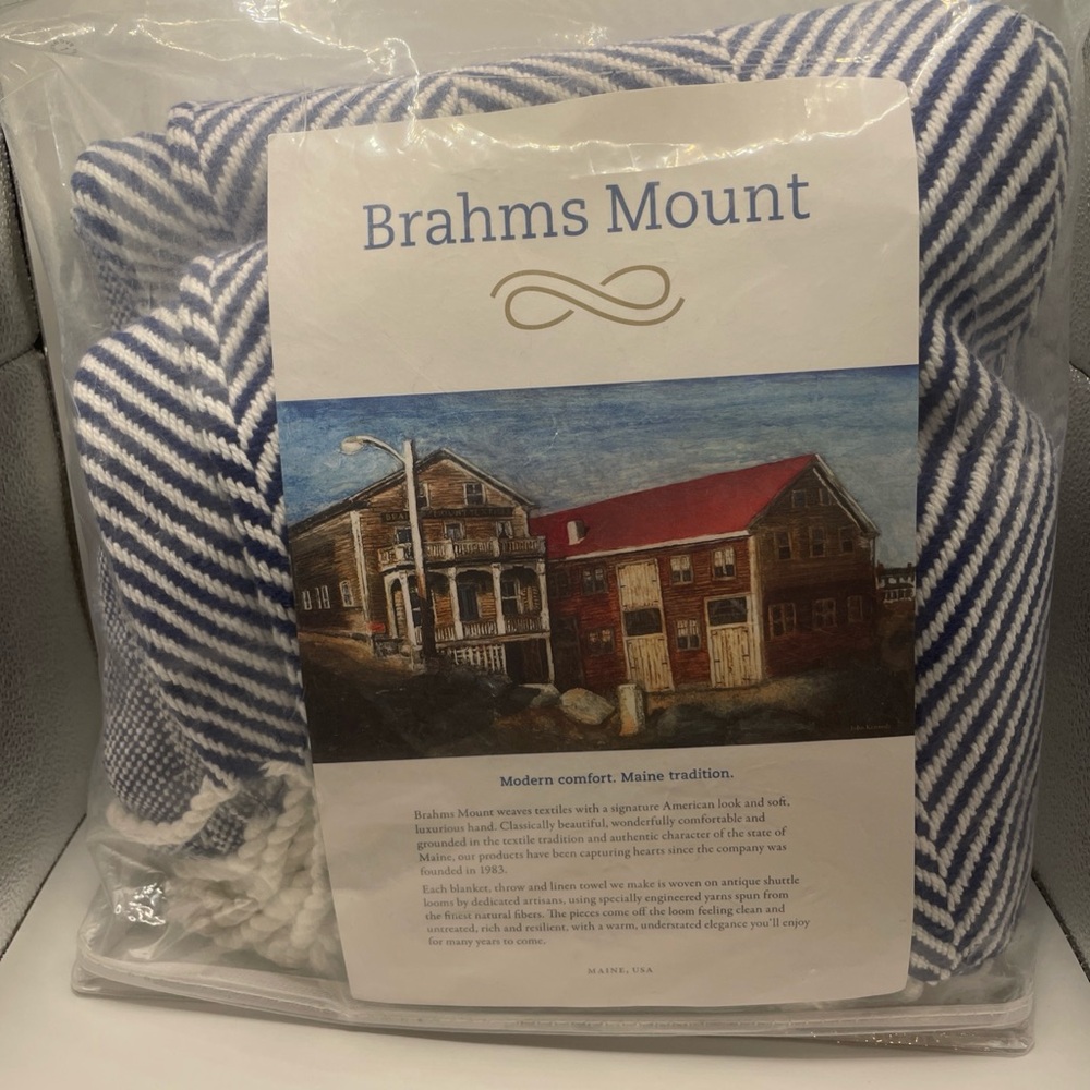 Brahms Mount Navy Blue and White Striped cotton Blanket Super soft USA made lux